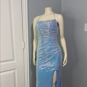 Iridescent Light Blue Sequin Halter Evening Dress